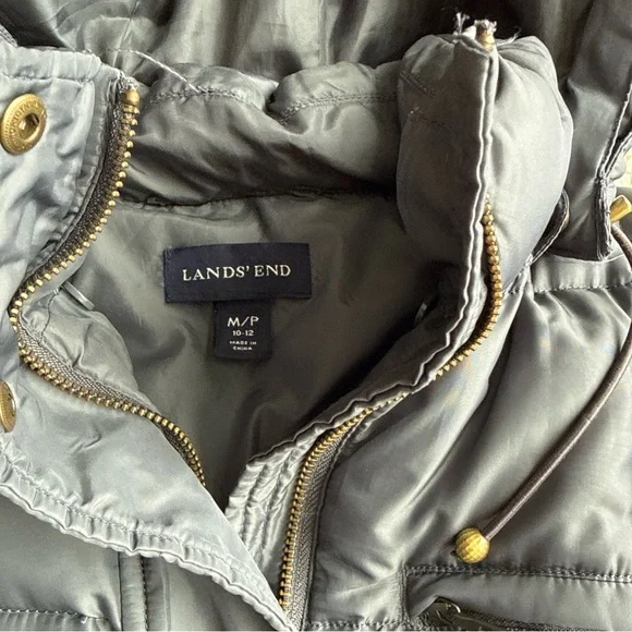 Lands’ End Gray/Blue Long Down Puffer Coat Hooded Winter Parka Women M 10-12 - Picture 5 of 11
